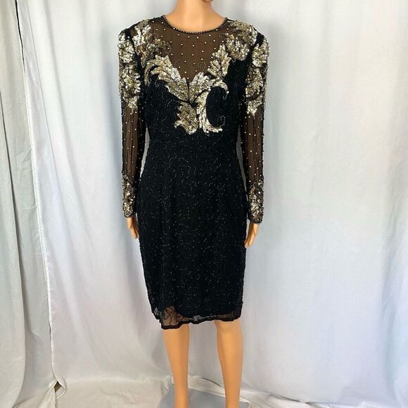 Vintage Haute Sheer Silk Sequin Coctail Dress Silver gold sequin Women’s 10 by N - Picture 1 of 14